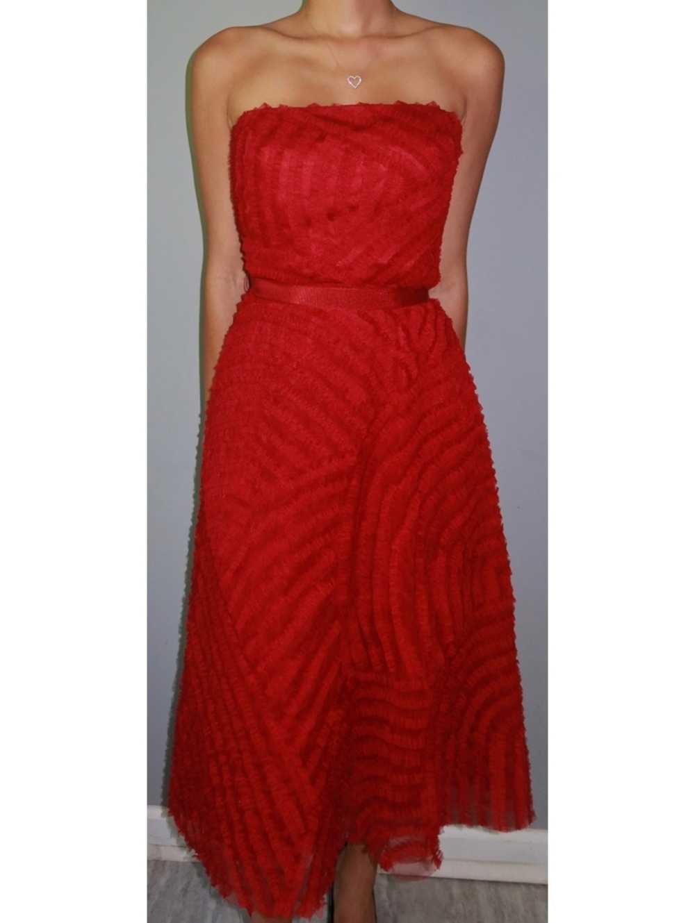 BCBG Max Azria Red Strapless Ruffle Tulle Maxi Dress